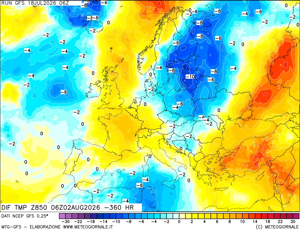 mappa Dif. Temp a 850 hPa Valid - Init