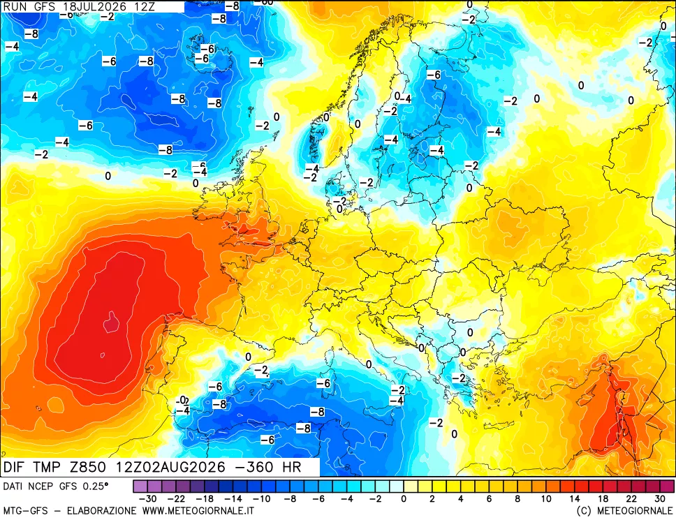 mappa Dif. Temp a 850 hPa Valid - Init