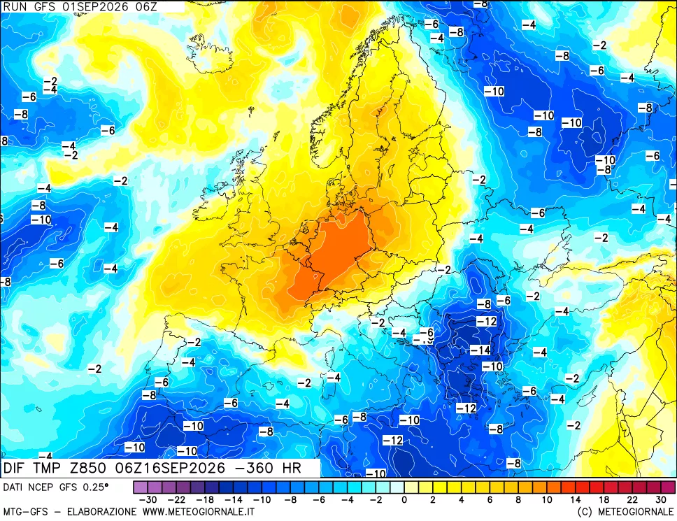 mappa Dif. Temp a 850 hPa Valid - Init