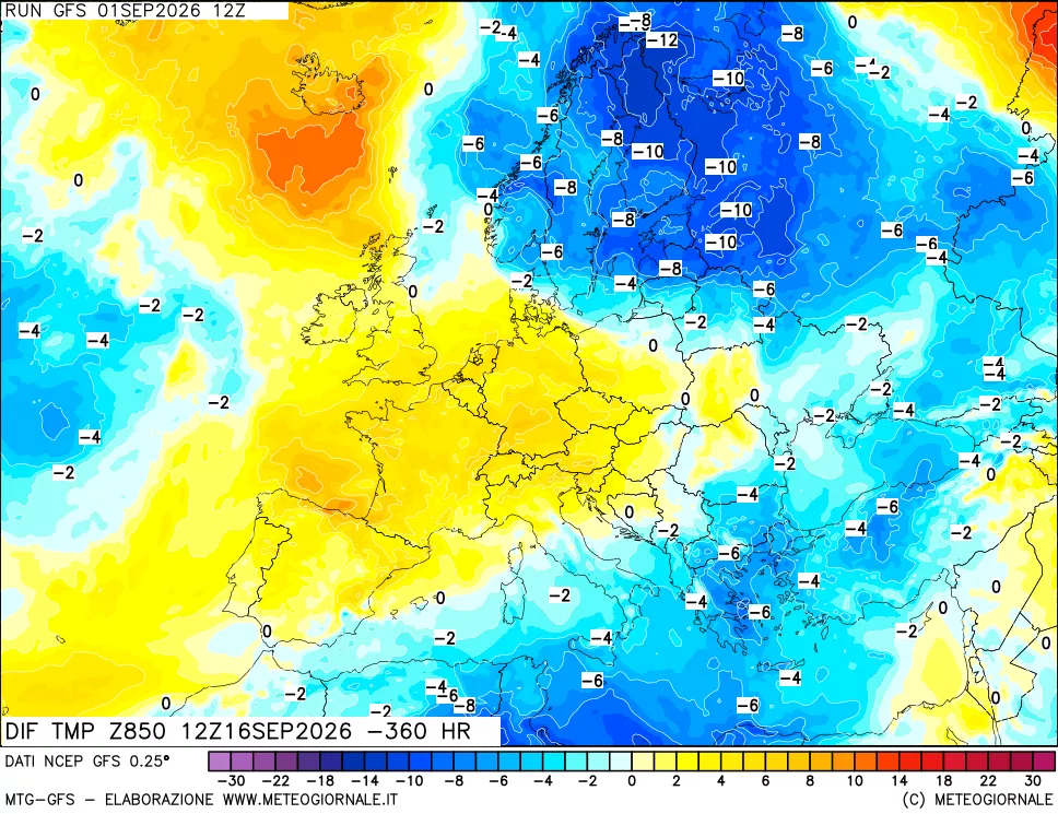 mappa Dif. Temp a 850 hPa Valid - Init