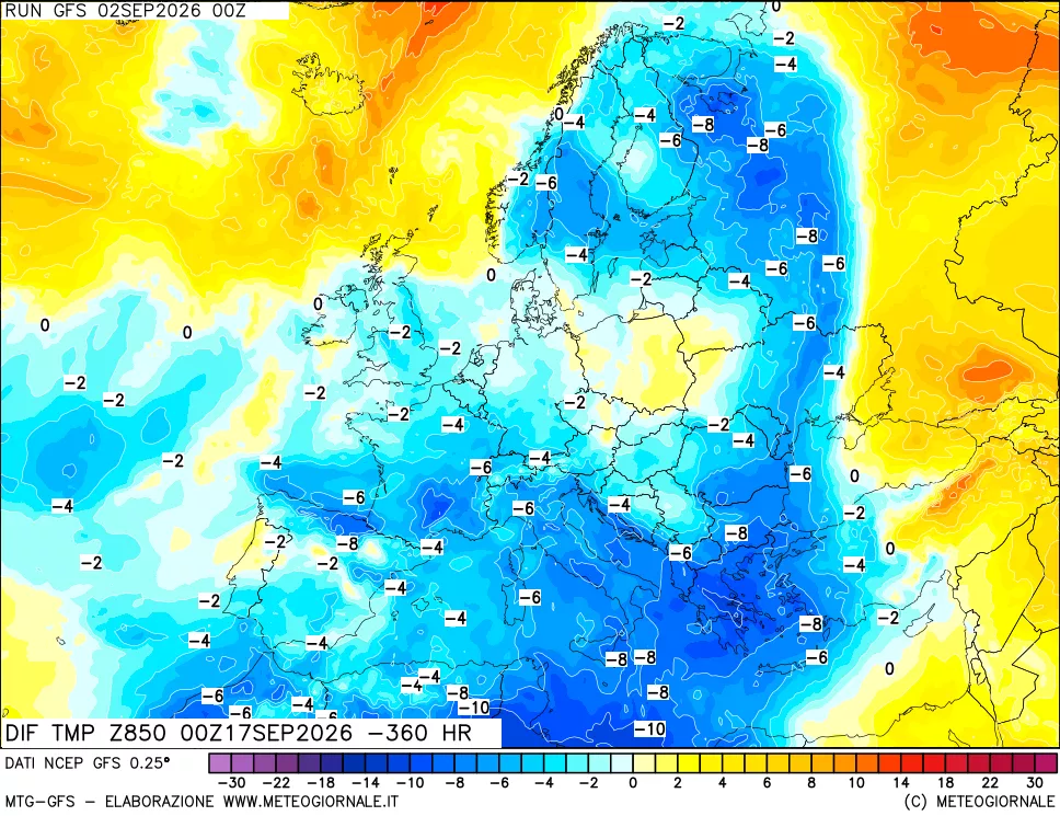 mappa Dif. Temp a 850 hPa Valid - Init