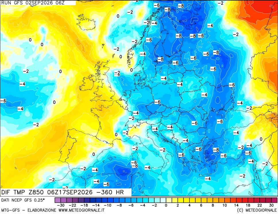 mappa Dif. Temp a 850 hPa Valid - Init