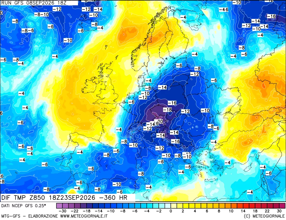mappa Dif. Temp a 850 hPa Valid - Init