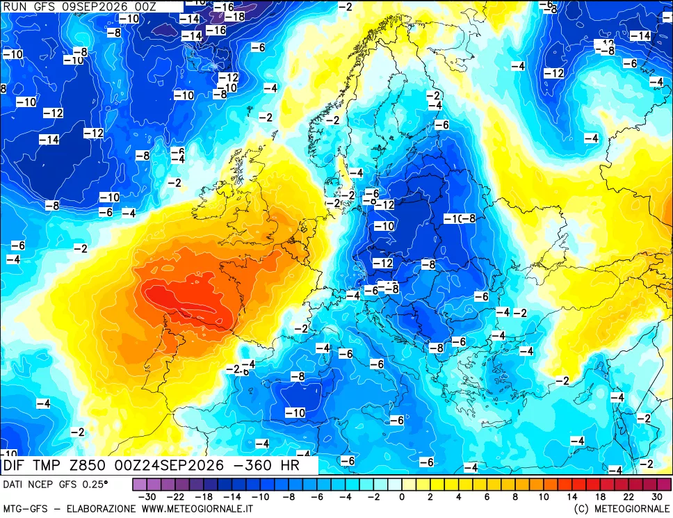 mappa Dif. Temp a 850 hPa Valid - Init