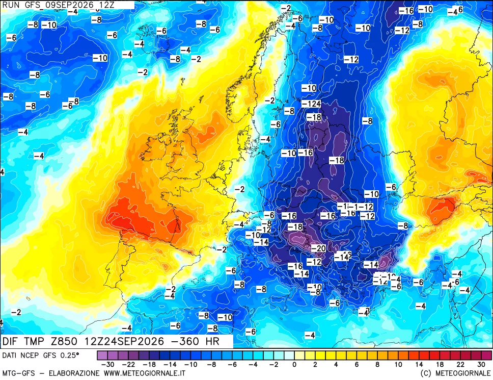 mappa Dif. Temp a 850 hPa Valid - Init