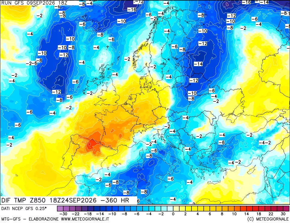 mappa Dif. Temp a 850 hPa Valid - Init