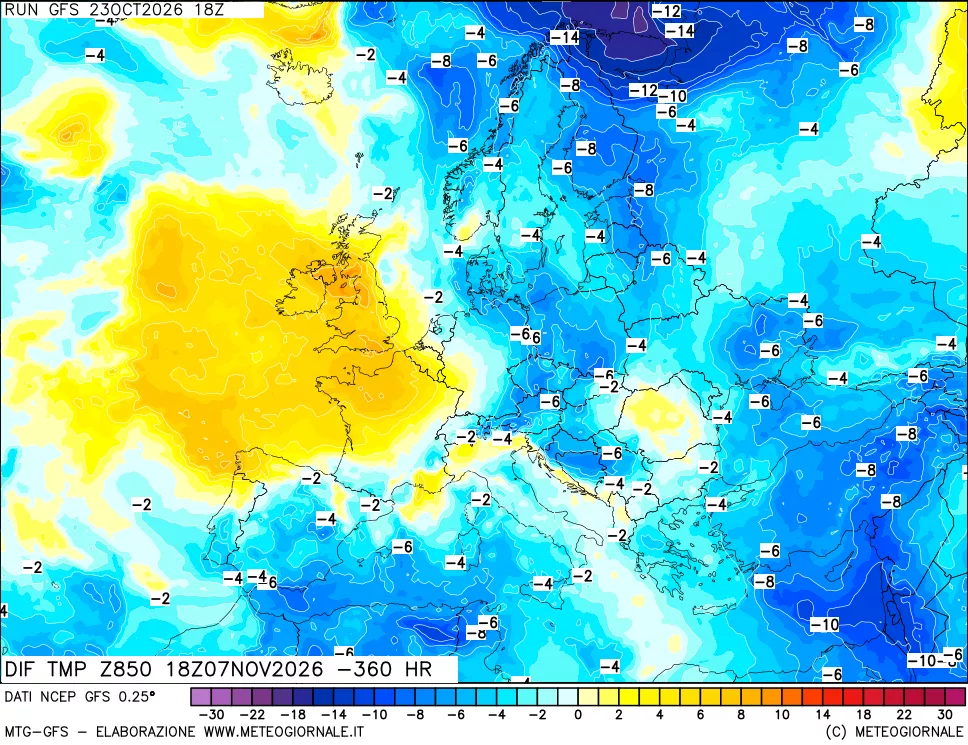mappa Dif. Temp a 850 hPa Valid - Init