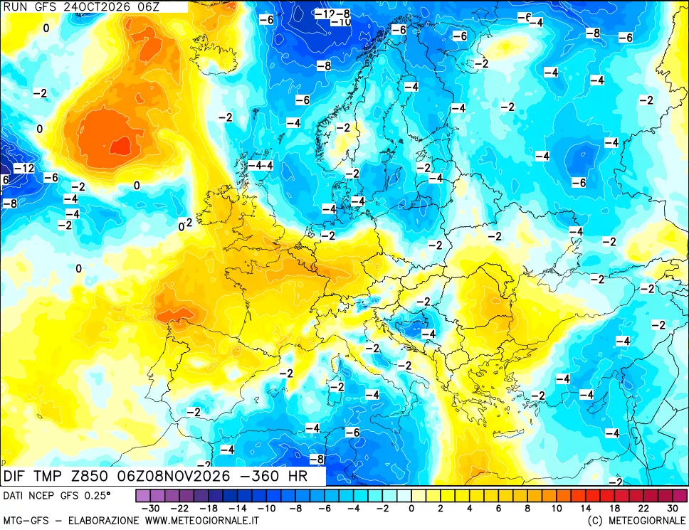 mappa Dif. Temp a 850 hPa Valid - Init