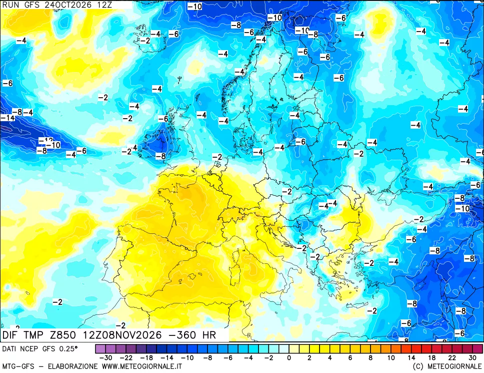 mappa Dif. Temp a 850 hPa Valid - Init