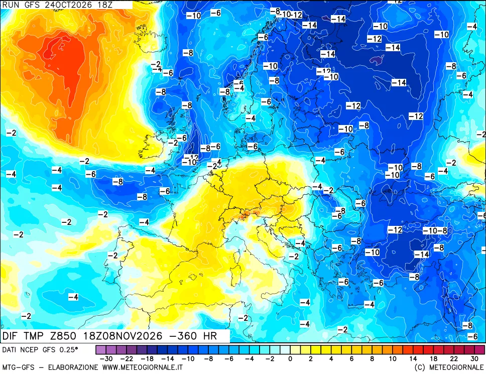 mappa Dif. Temp a 850 hPa Valid - Init