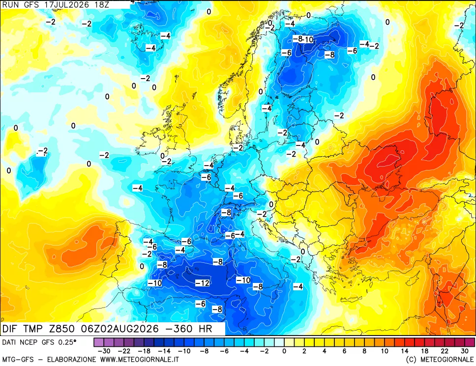 mappa Dif. Temp a 850 hPa Valid - Init