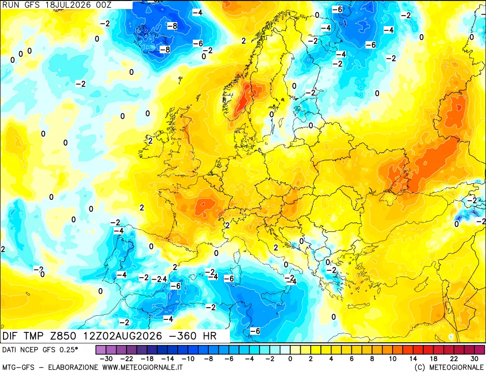mappa Dif. Temp a 850 hPa Valid - Init