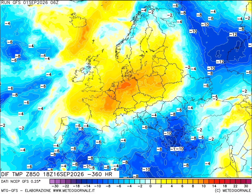 mappa Dif. Temp a 850 hPa Valid - Init