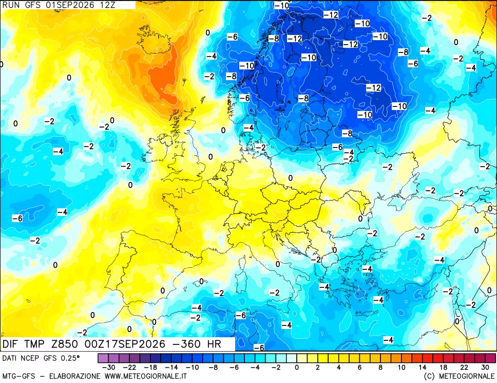 mappa Dif. Temp a 850 hPa Valid - Init