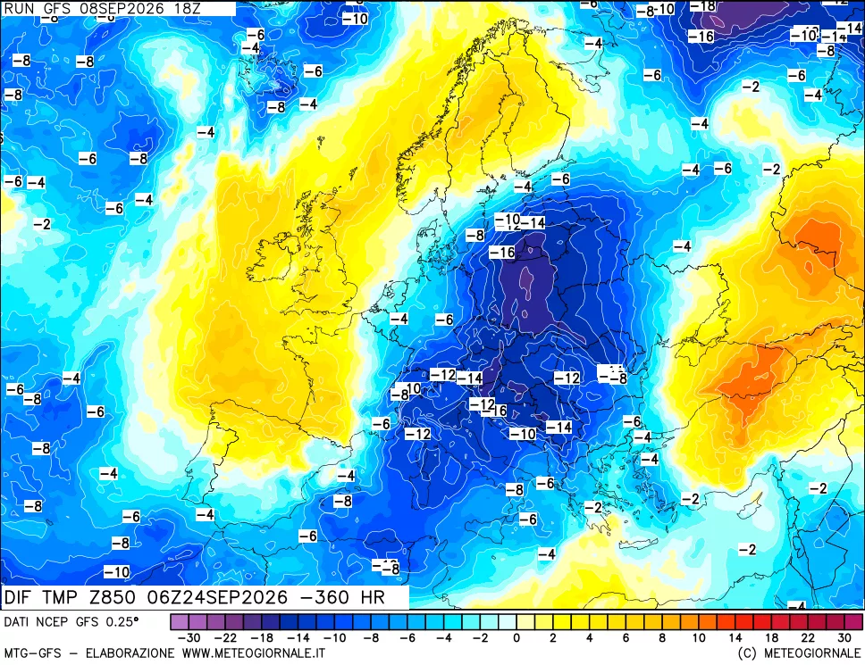 mappa Dif. Temp a 850 hPa Valid - Init