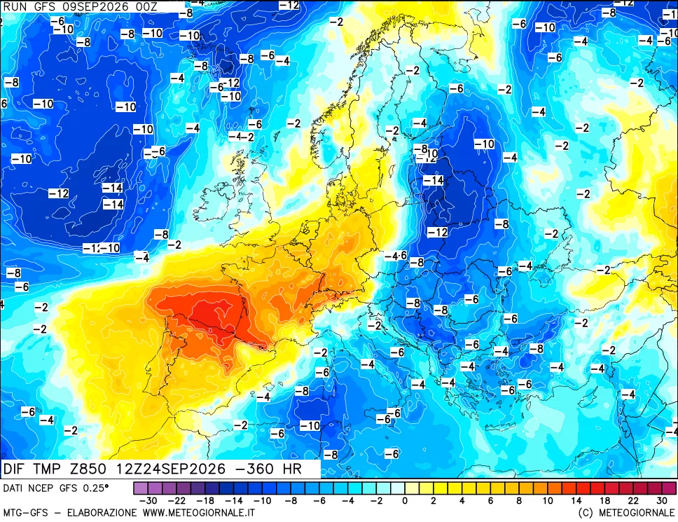 mappa Dif. Temp a 850 hPa Valid - Init