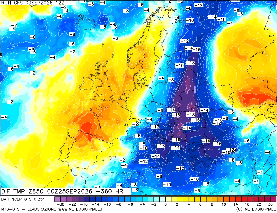mappa Dif. Temp a 850 hPa Valid - Init