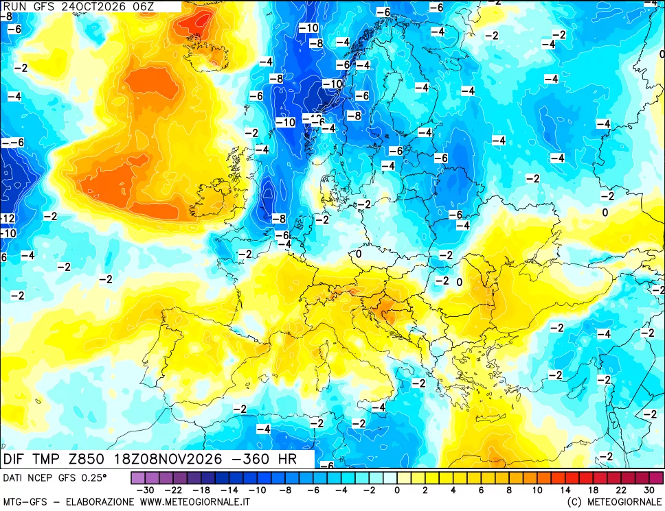 mappa Dif. Temp a 850 hPa Valid - Init