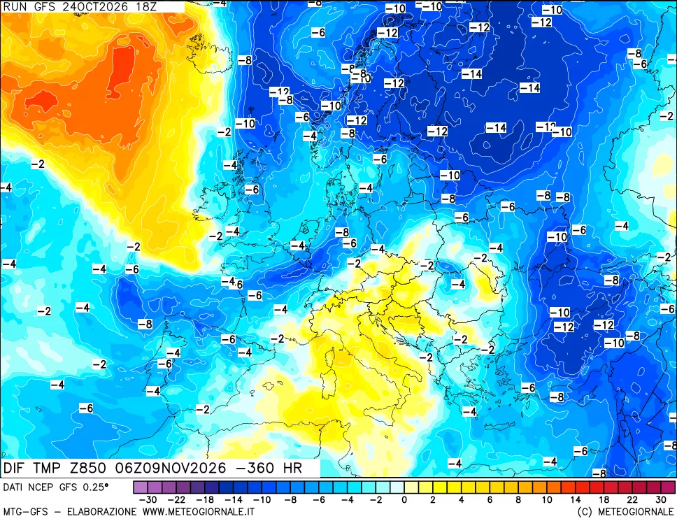 mappa Dif. Temp a 850 hPa Valid - Init