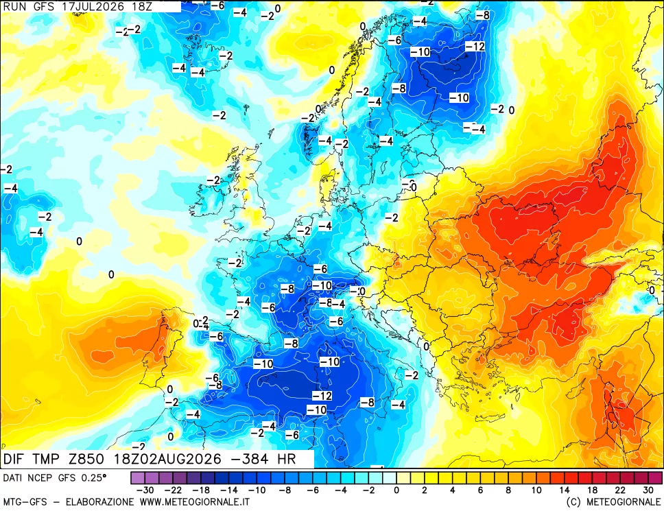 mappa Dif. Temp a 850 hPa Valid - Init