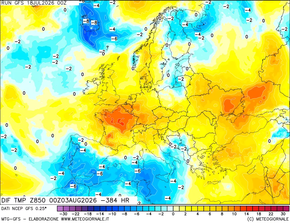 mappa Dif. Temp a 850 hPa Valid - Init