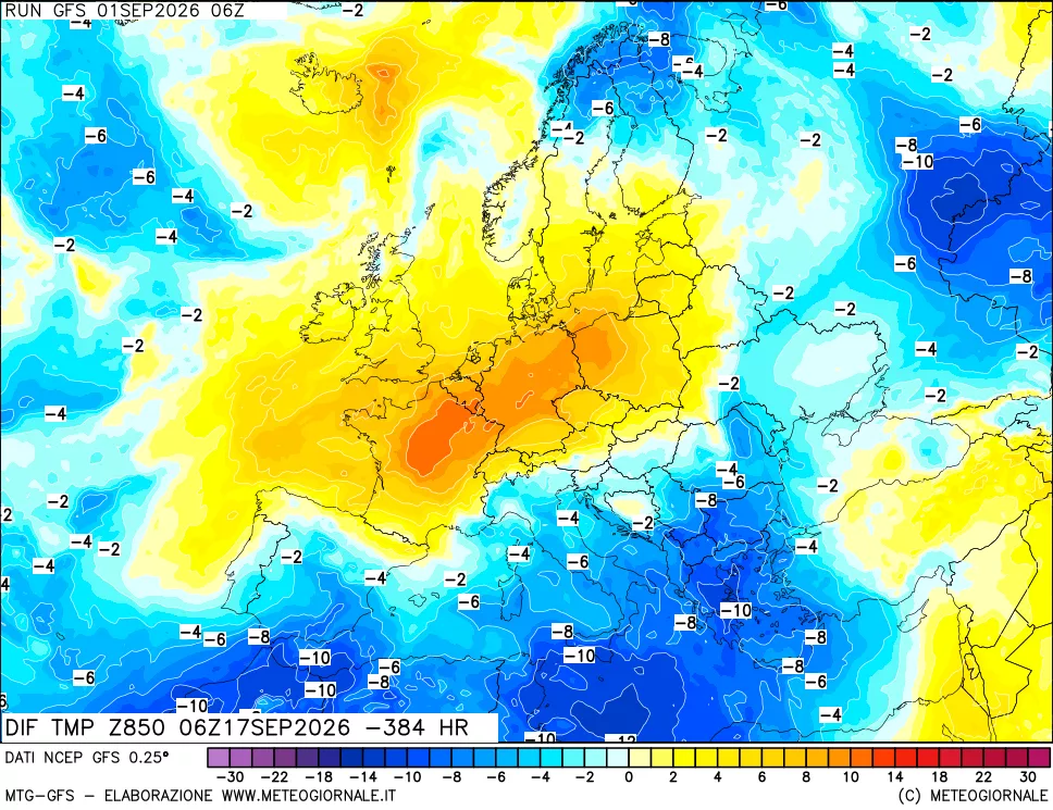 mappa Dif. Temp a 850 hPa Valid - Init