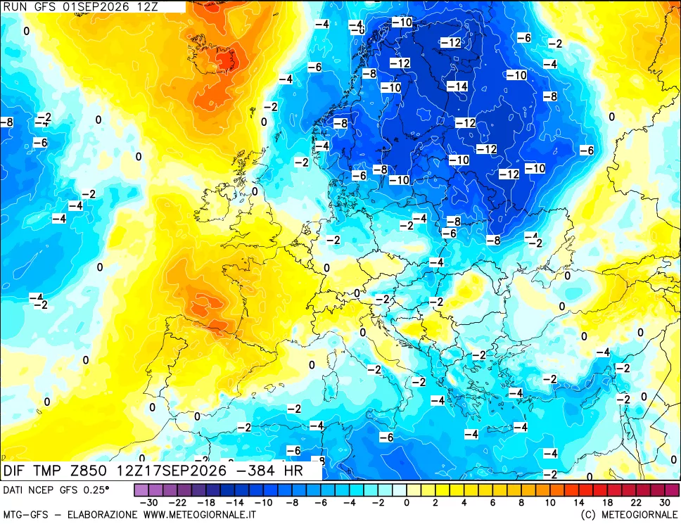 mappa Dif. Temp a 850 hPa Valid - Init