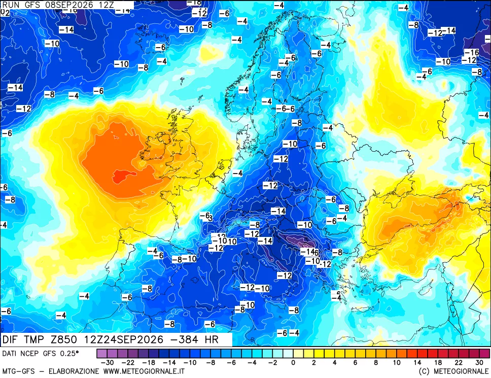 mappa Dif. Temp a 850 hPa Valid - Init