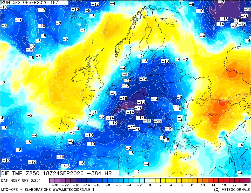 mappa Dif. Temp a 850 hPa Valid - Init