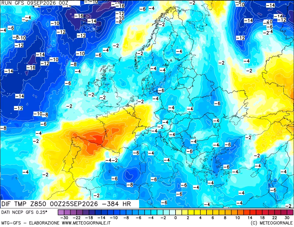 mappa Dif. Temp a 850 hPa Valid - Init