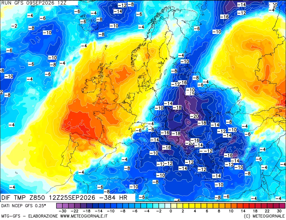mappa Dif. Temp a 850 hPa Valid - Init