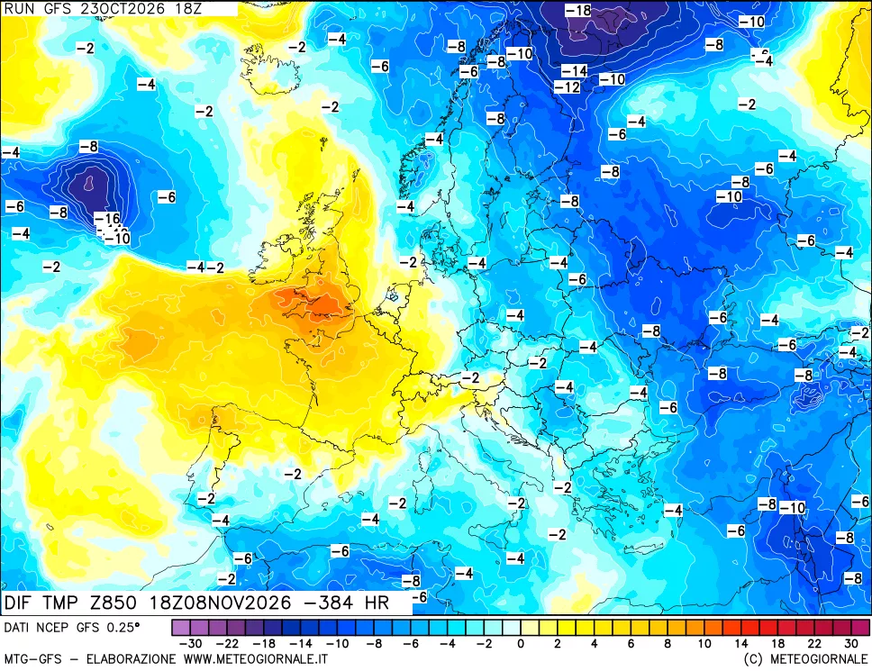 mappa Dif. Temp a 850 hPa Valid - Init