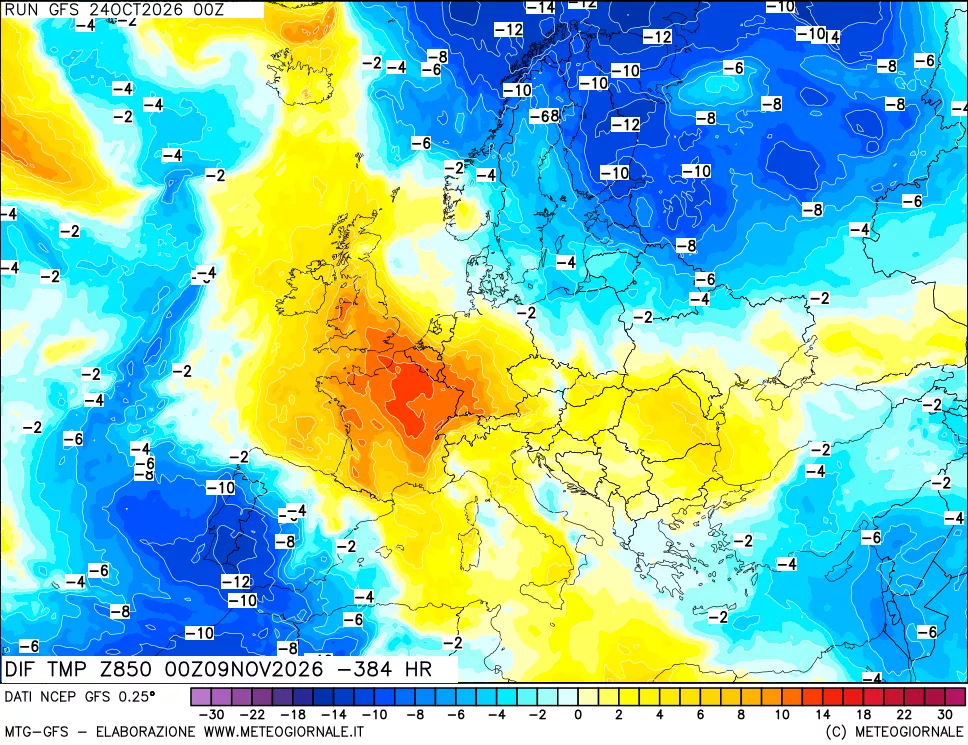 mappa Dif. Temp a 850 hPa Valid - Init