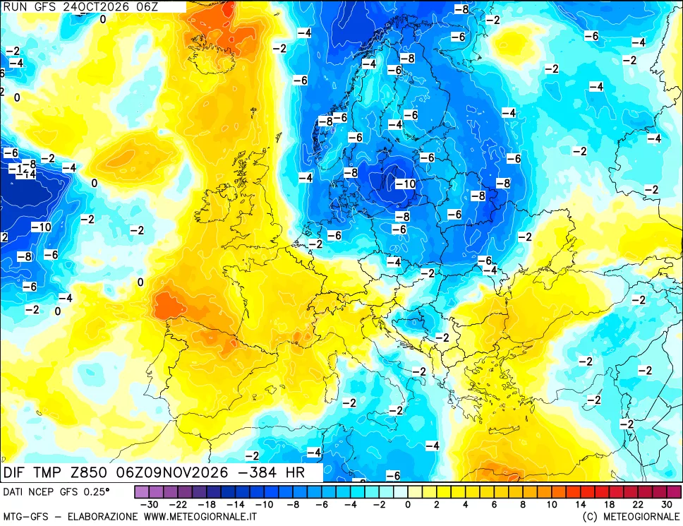 mappa Dif. Temp a 850 hPa Valid - Init