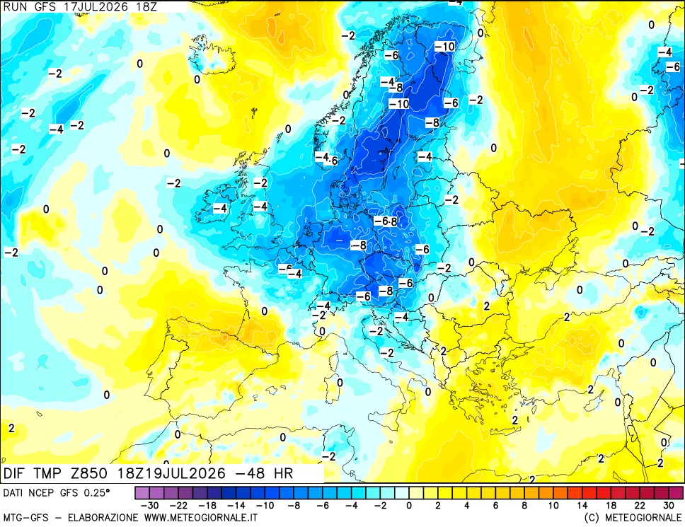mappa Dif. Temp a 850 hPa Valid - Init