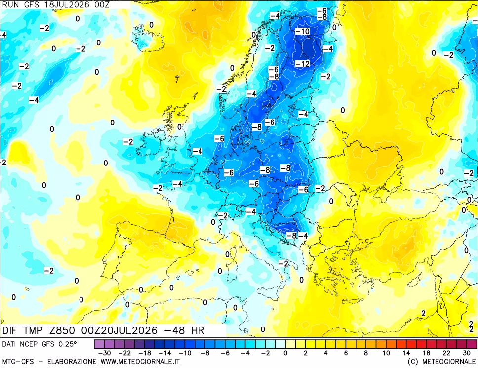 mappa Dif. Temp a 850 hPa Valid - Init