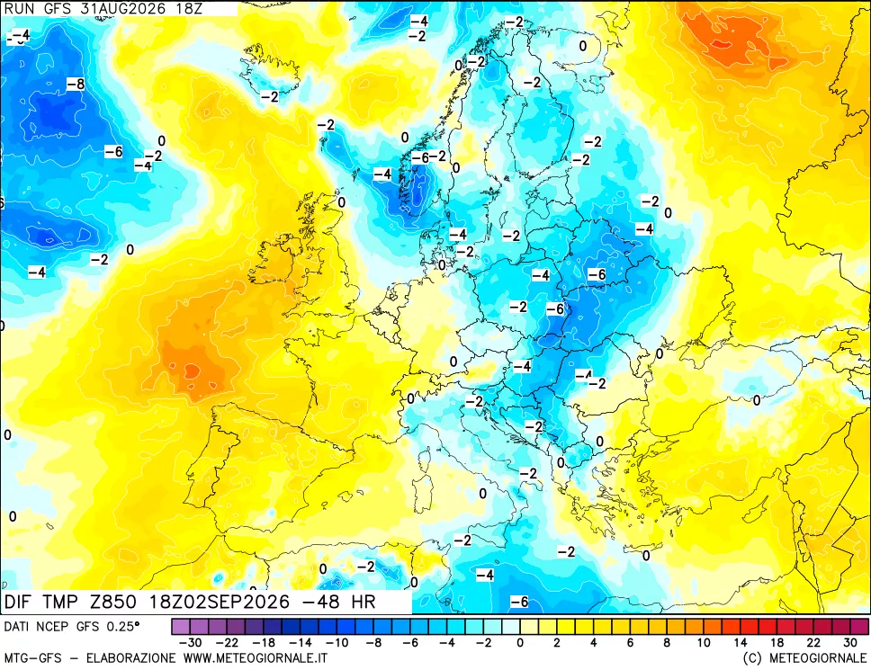 mappa Dif. Temp a 850 hPa Valid - Init
