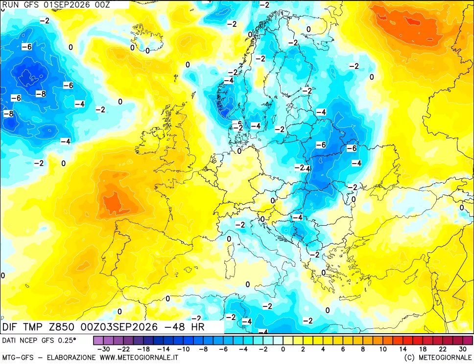 mappa Dif. Temp a 850 hPa Valid - Init