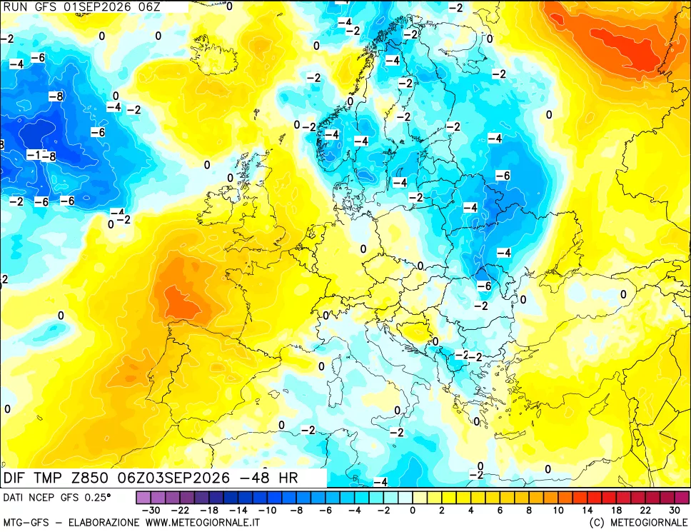 mappa Dif. Temp a 850 hPa Valid - Init