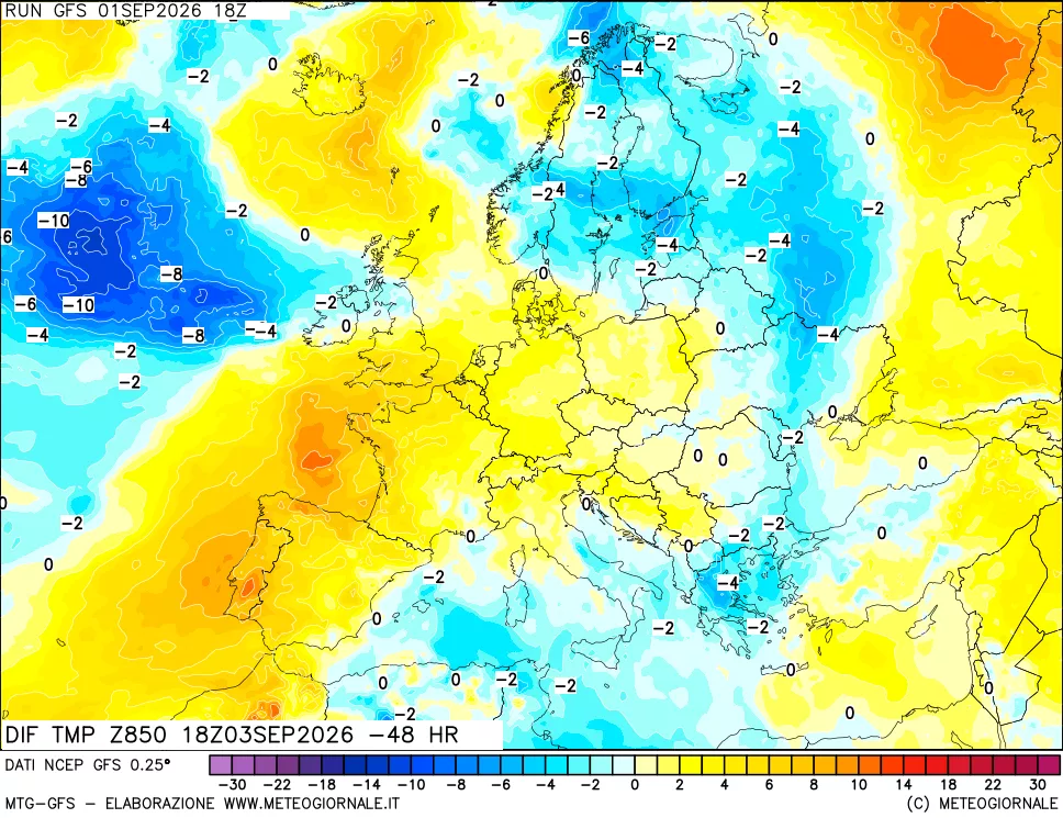 mappa Dif. Temp a 850 hPa Valid - Init