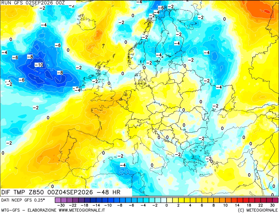 mappa Dif. Temp a 850 hPa Valid - Init