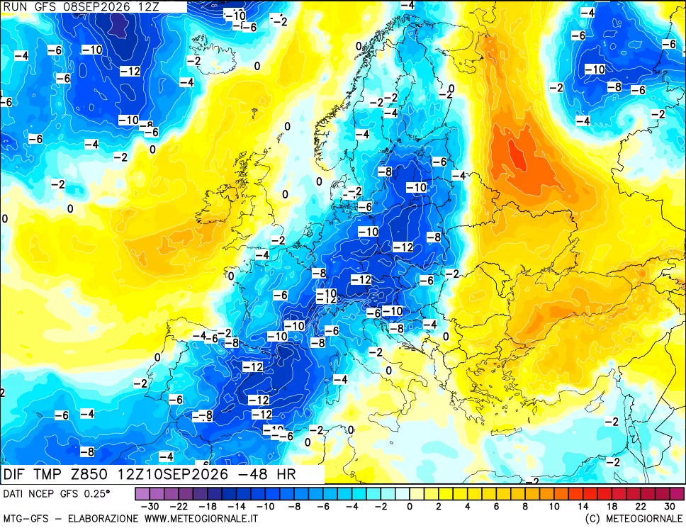 mappa Dif. Temp a 850 hPa Valid - Init
