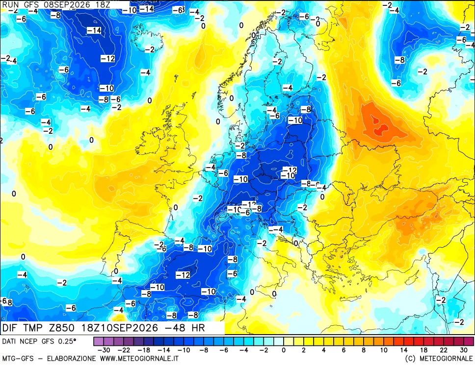 mappa Dif. Temp a 850 hPa Valid - Init
