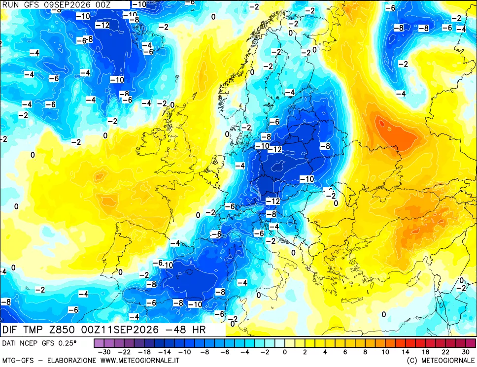 mappa Dif. Temp a 850 hPa Valid - Init