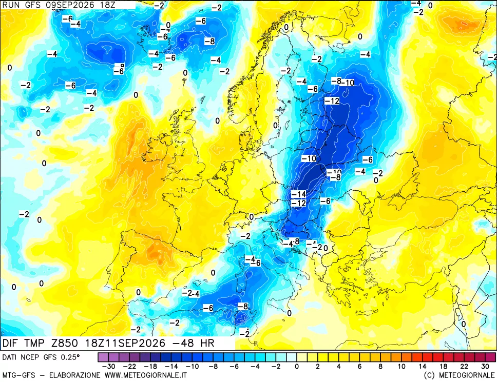 mappa Dif. Temp a 850 hPa Valid - Init