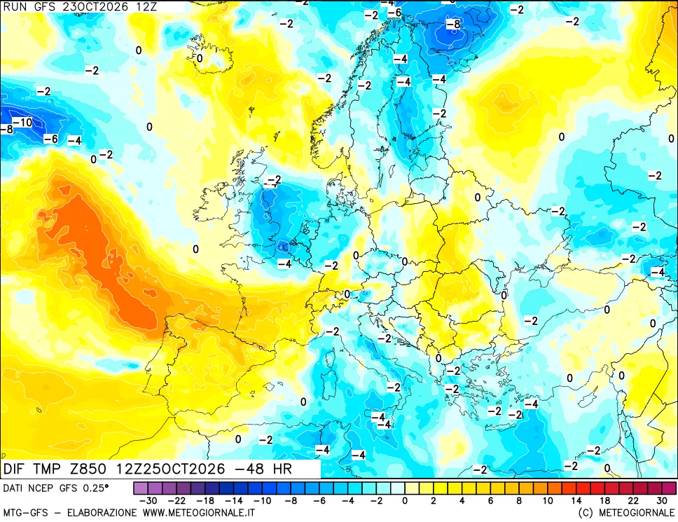 mappa Dif. Temp a 850 hPa Valid - Init