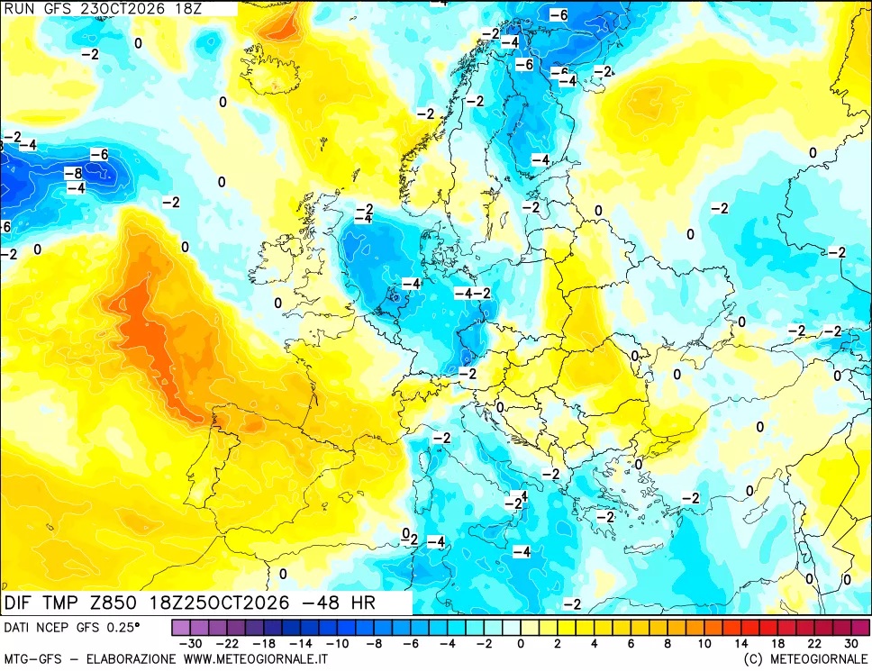 mappa Dif. Temp a 850 hPa Valid - Init