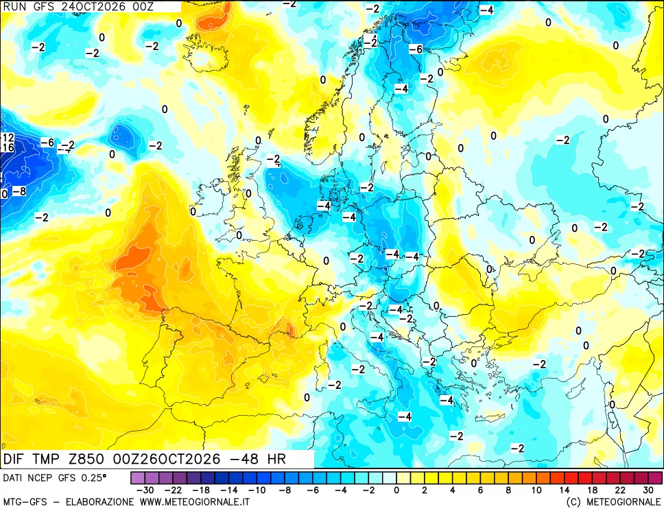 mappa Dif. Temp a 850 hPa Valid - Init
