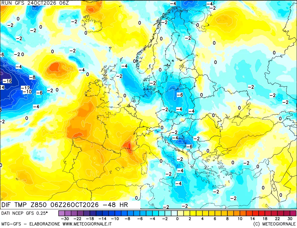 mappa Dif. Temp a 850 hPa Valid - Init