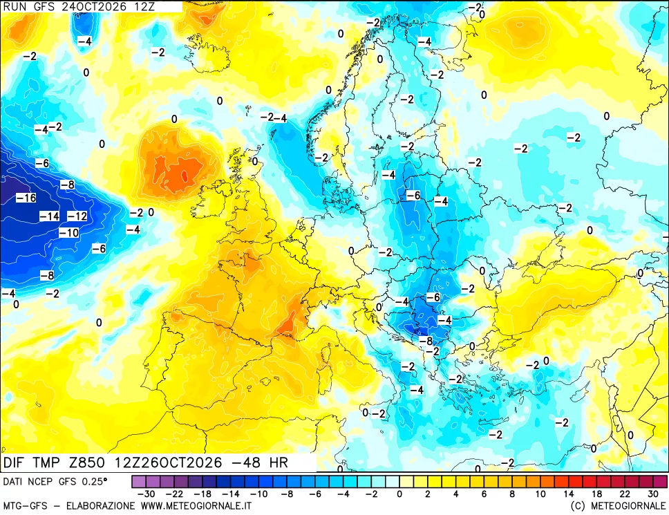 mappa Dif. Temp a 850 hPa Valid - Init